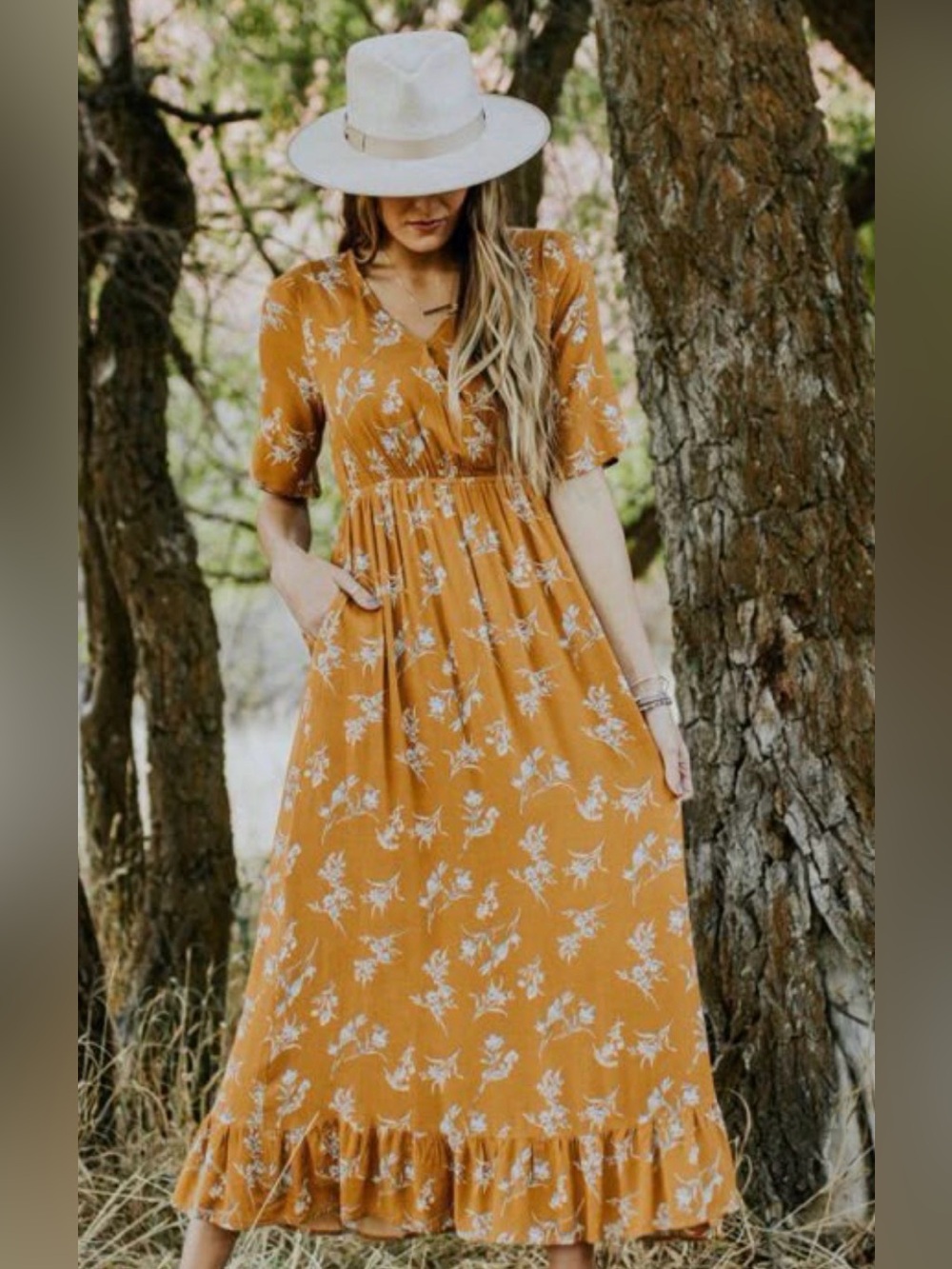 Piper & Scoot Mustard Floral V-Neck Maxi Dress Sz Small Cottagecore Feminine